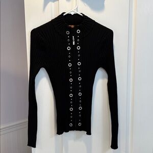 Black Ribbed Sweater with Eyelet Detailing